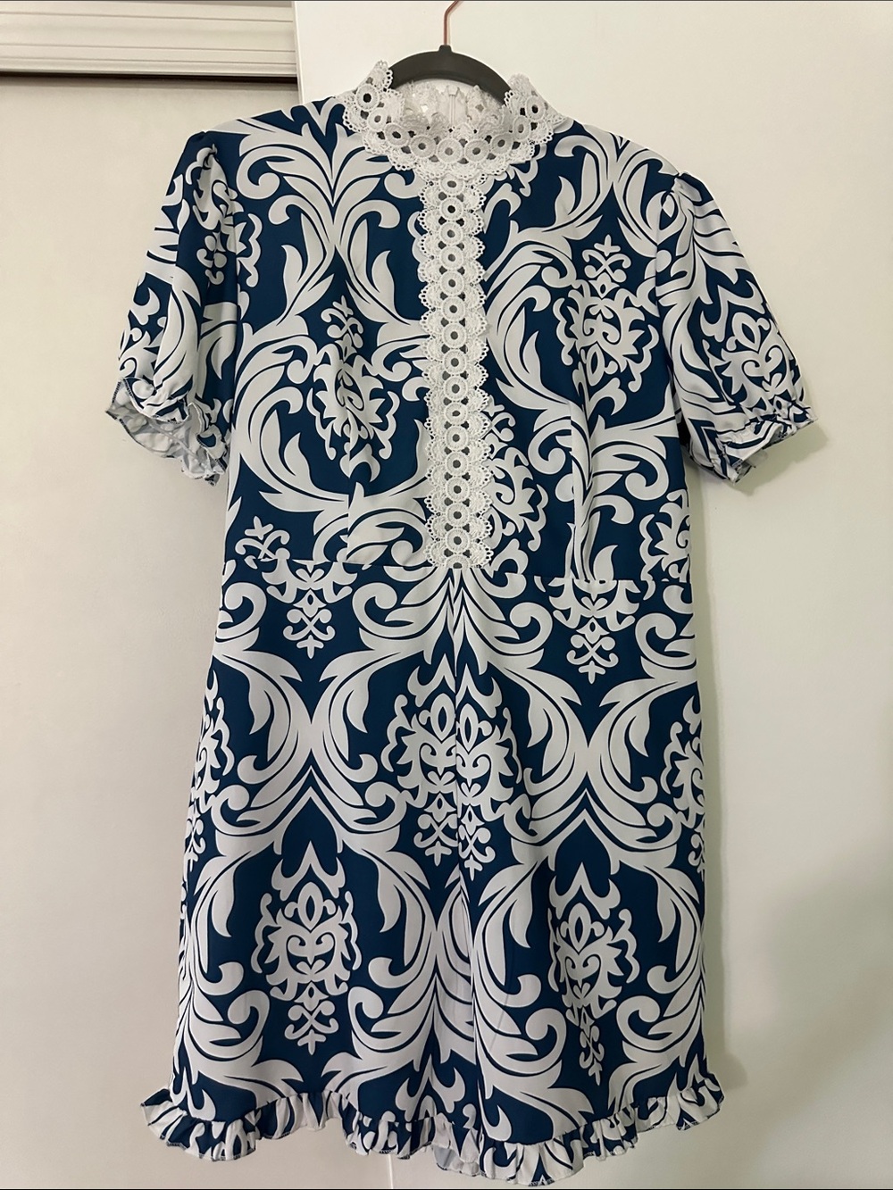 Navy and White Lace-Trim Printed Romper